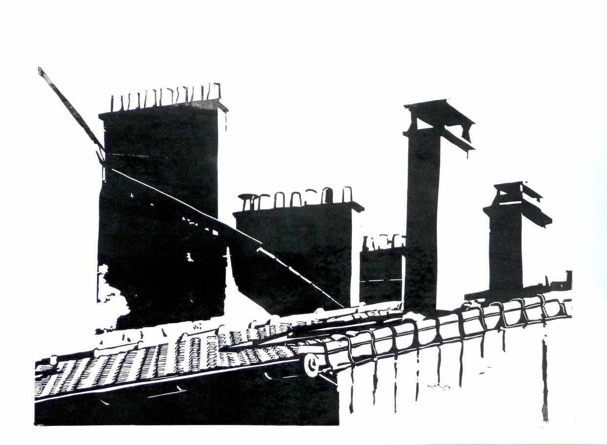 Lothar Sütterlin Grafik:11SchornsteineinJoinville-le-PontHolzschnitt